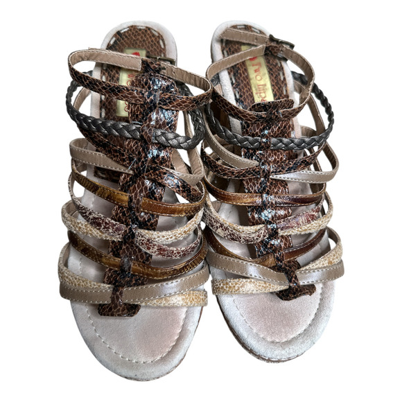 Two Lips Tan Reptile Faux Leather Strappy Cork Wedge Heels Sandals Size 9 - Picture 3 of 7